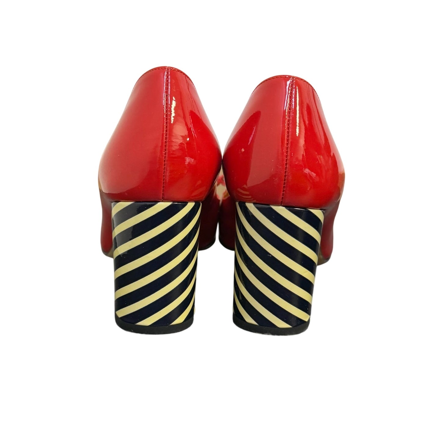 Kate Spade Calista Red Patent Bow Pumps With Black & Cream Striped Heels Size 7.5