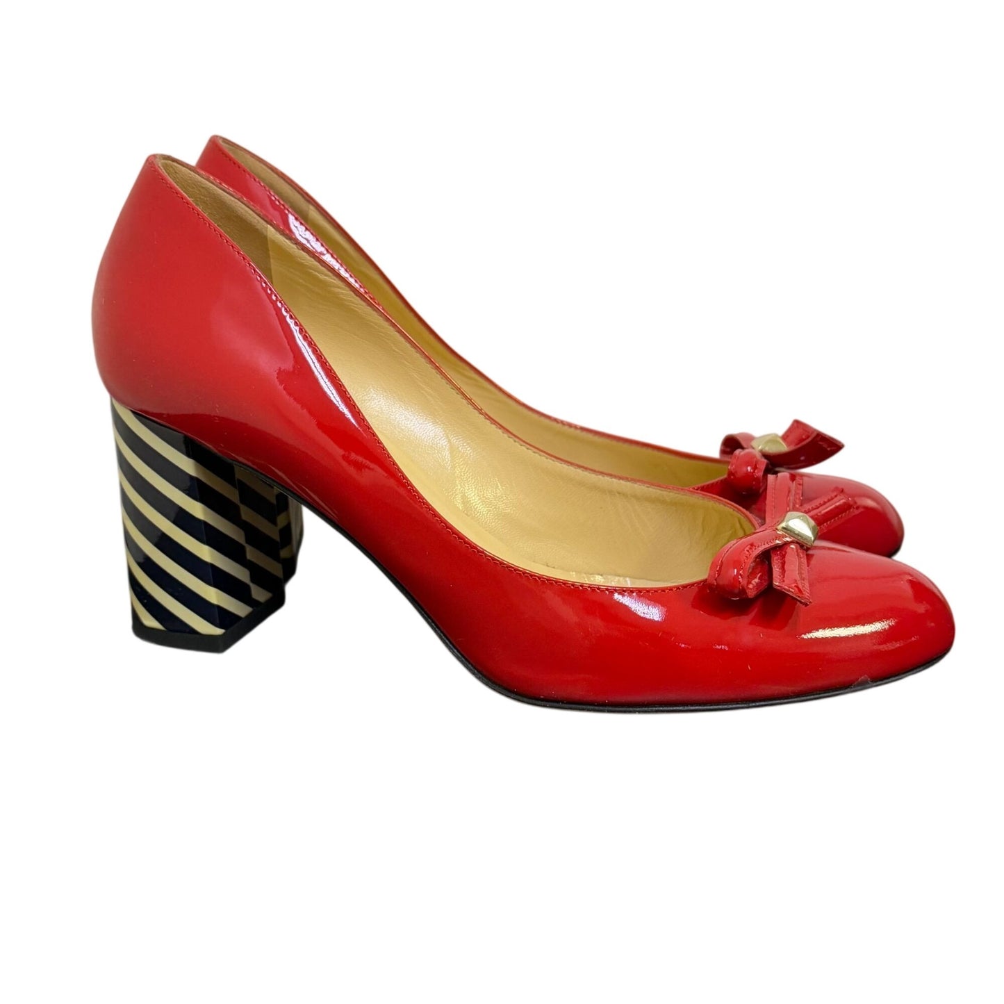 Kate Spade Calista Red Patent Bow Pumps With Black & Cream Striped Heels Size 7.5