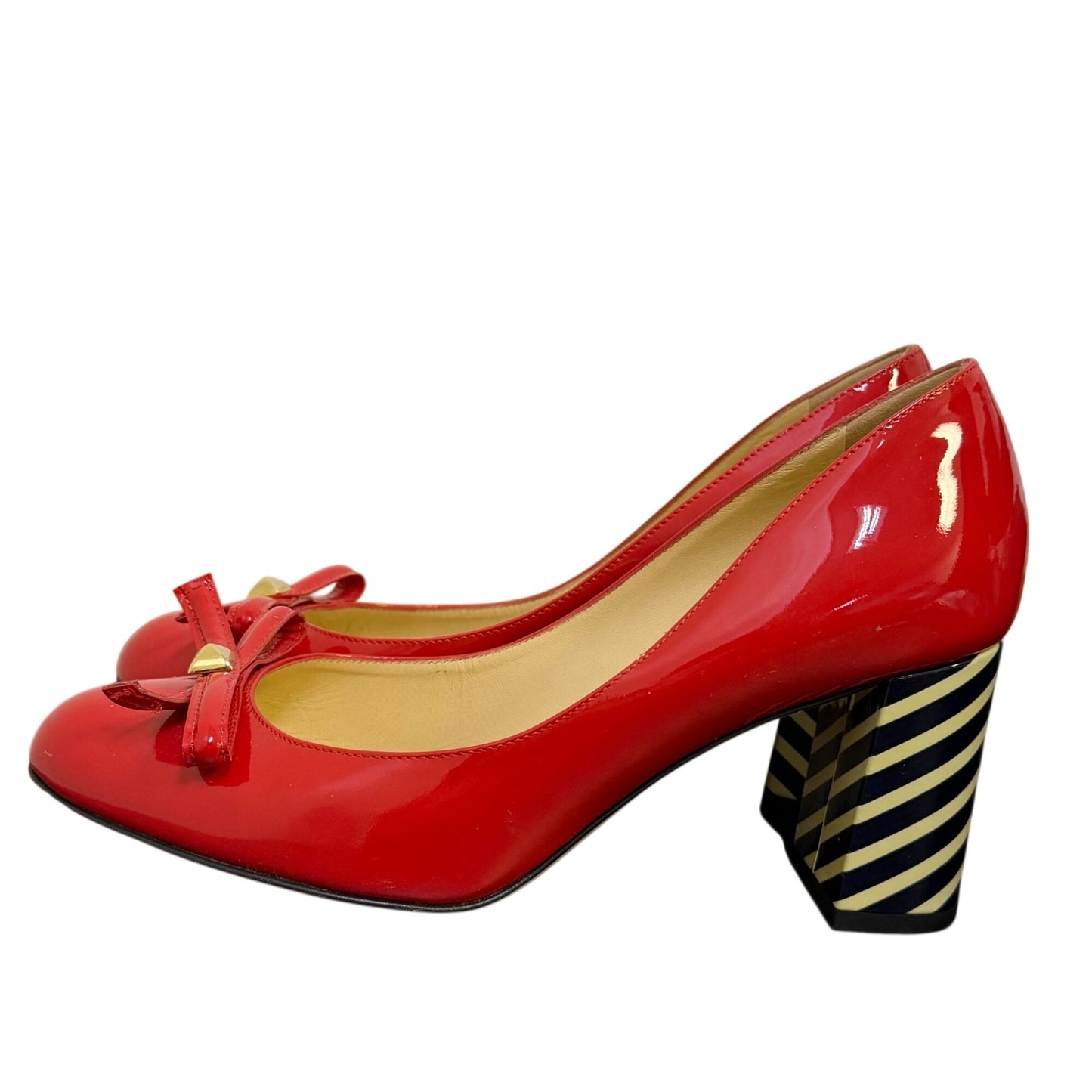 Kate Spade Calista Red Patent Bow Pumps With Black & Cream Striped Heels Size 7.5