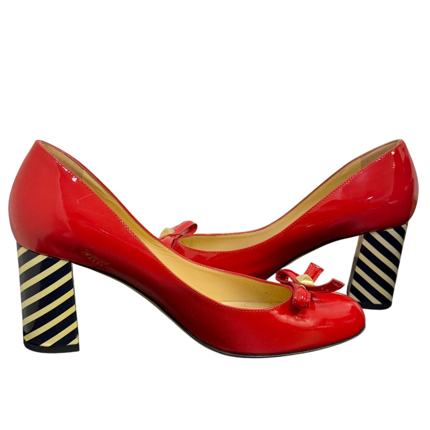 Kate Spade Calista Red Patent Bow Pumps With Black & Cream Striped Heels Size 7.5