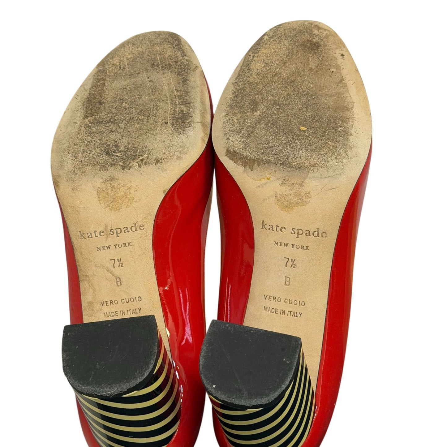 Kate Spade Calista Red Patent Bow Pumps With Black & Cream Striped Heels Size 7.5
