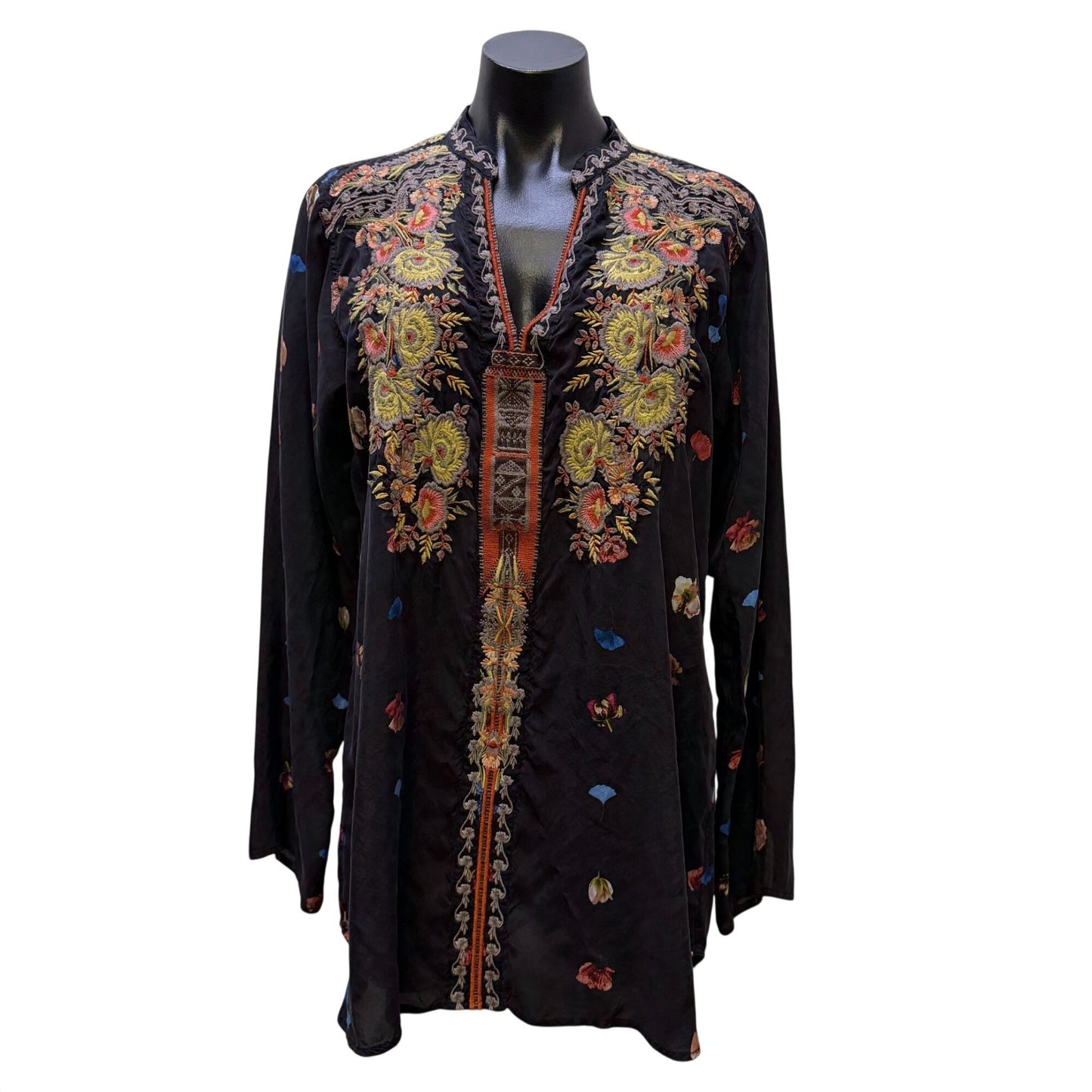Johnny Was Biya Black Multi Embroidered Floral Blouse Long Sleeve L