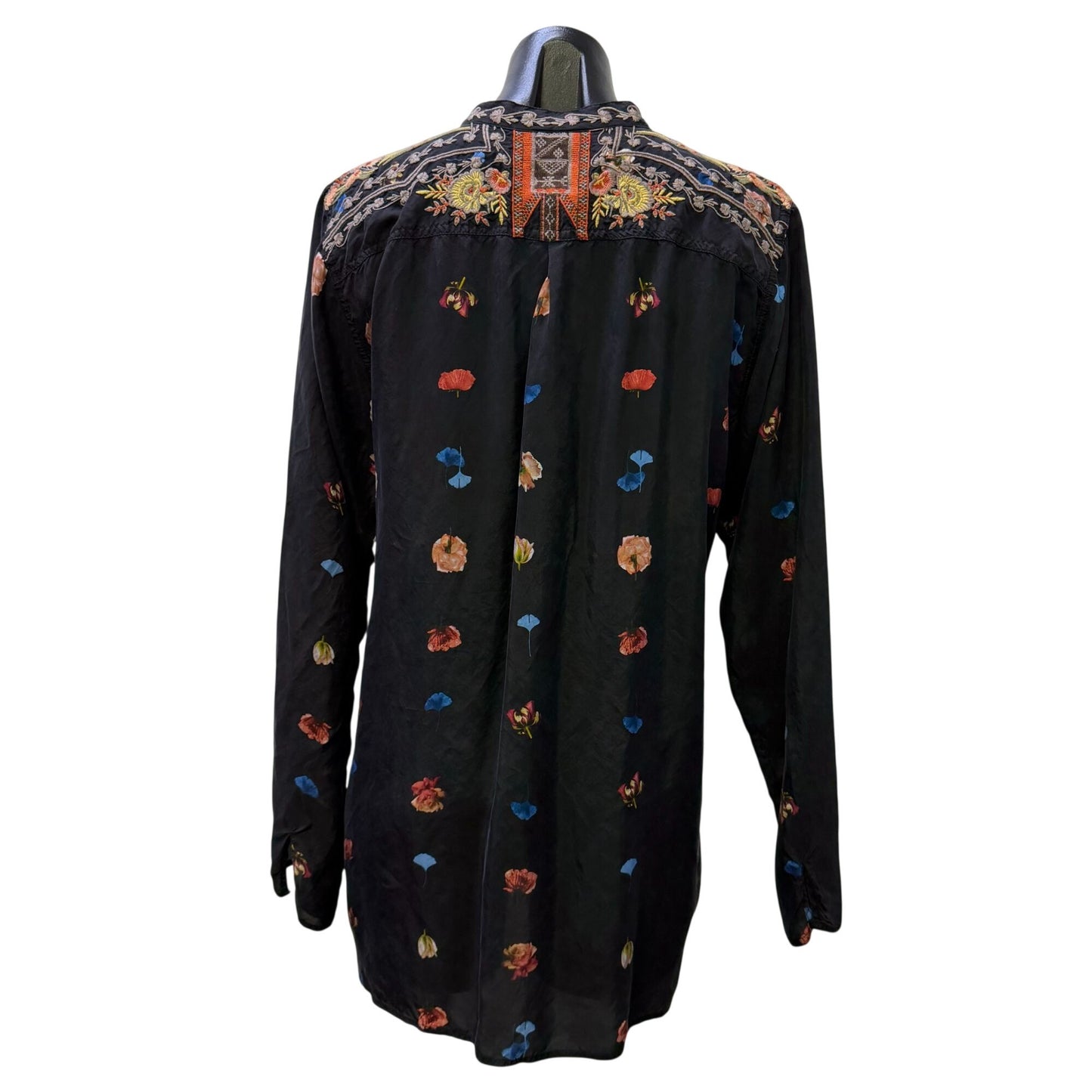 Johnny Was Biya Black Multi Embroidered Floral Blouse Long Sleeve L
