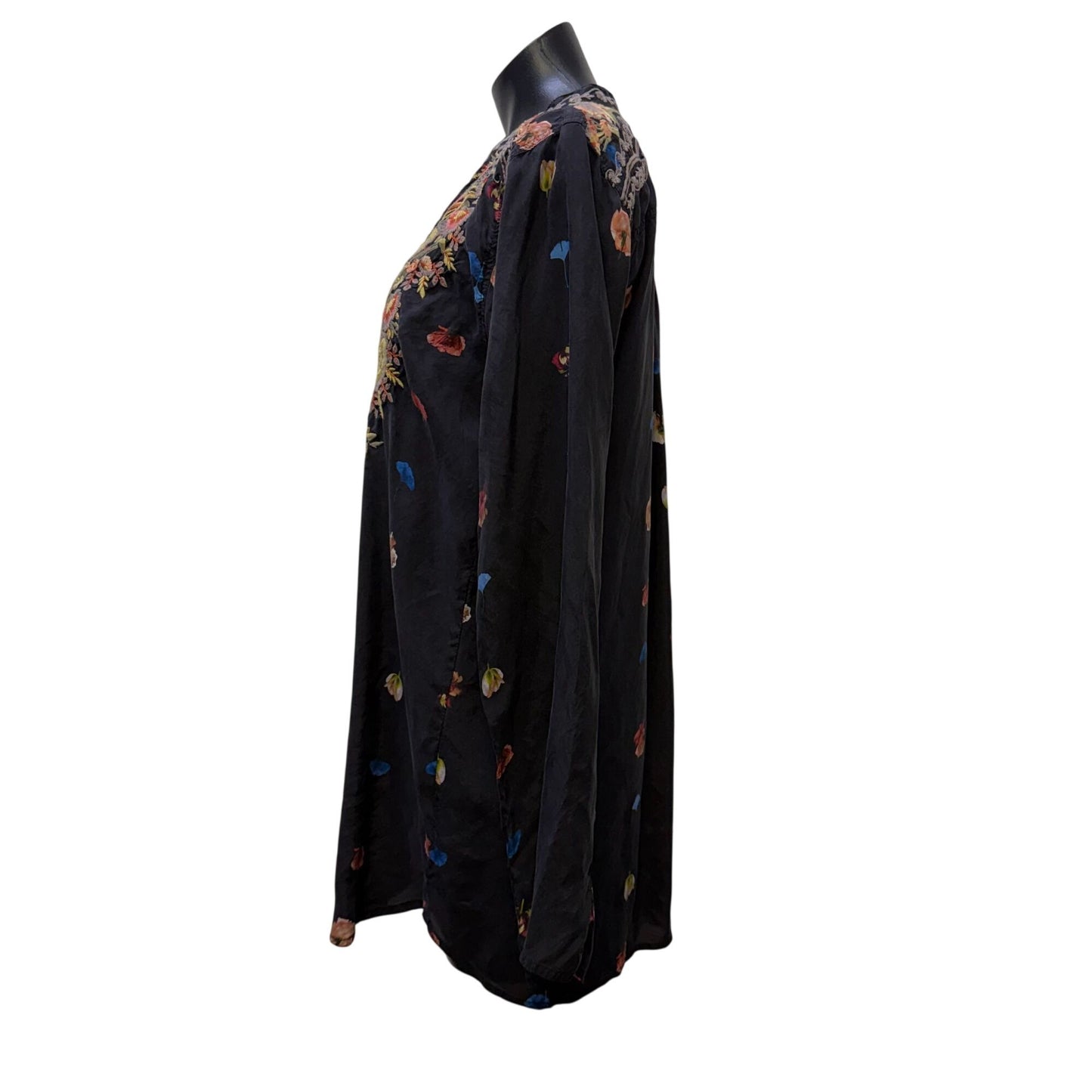 Johnny Was Biya Black Multi Embroidered Floral Blouse Long Sleeve L