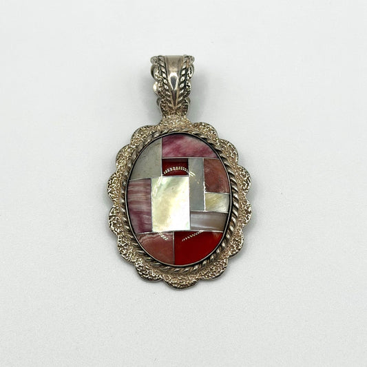 Sterling Silver 925 Oval Pendant Inlay & Red Accents