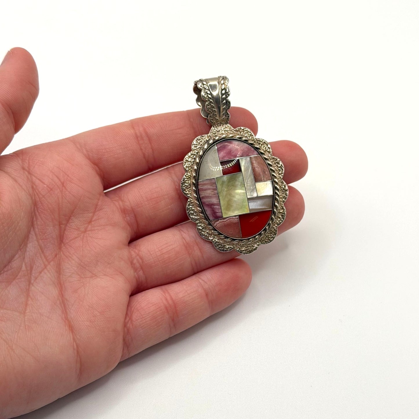 Sterling Silver 925 Oval Pendant Inlay & Red Accents