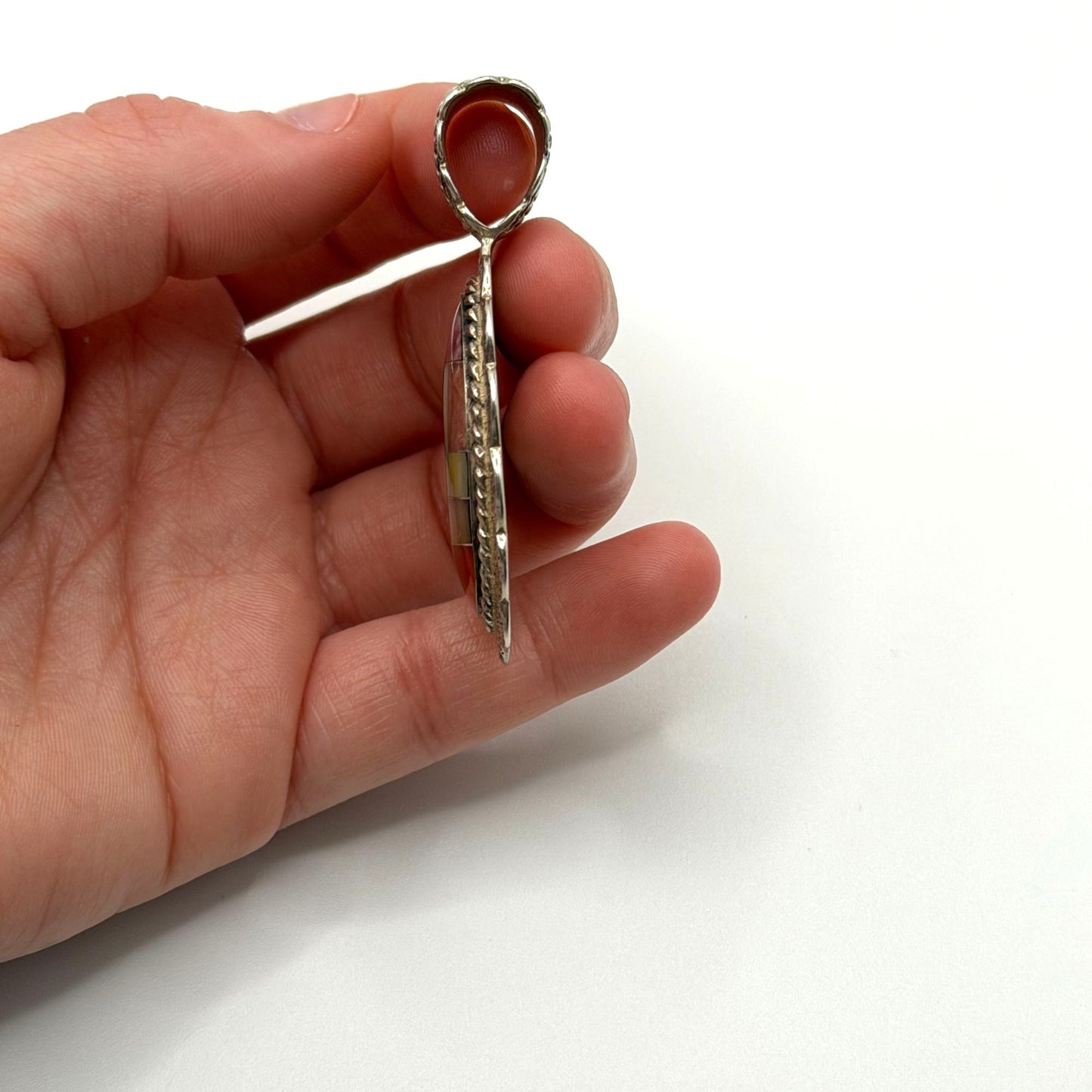 Sterling Silver 925 Oval Pendant Inlay & Red Accents