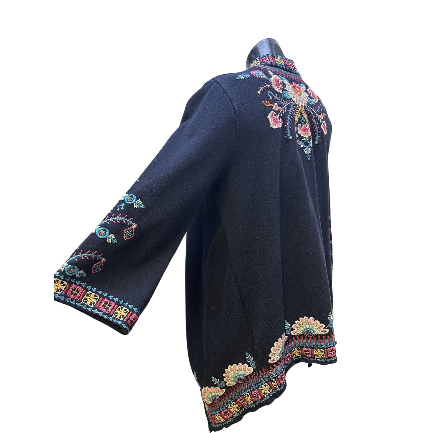 Johnny Was Vintage-Style Black Open Cardigan w/Multicolor Floral Embroidery