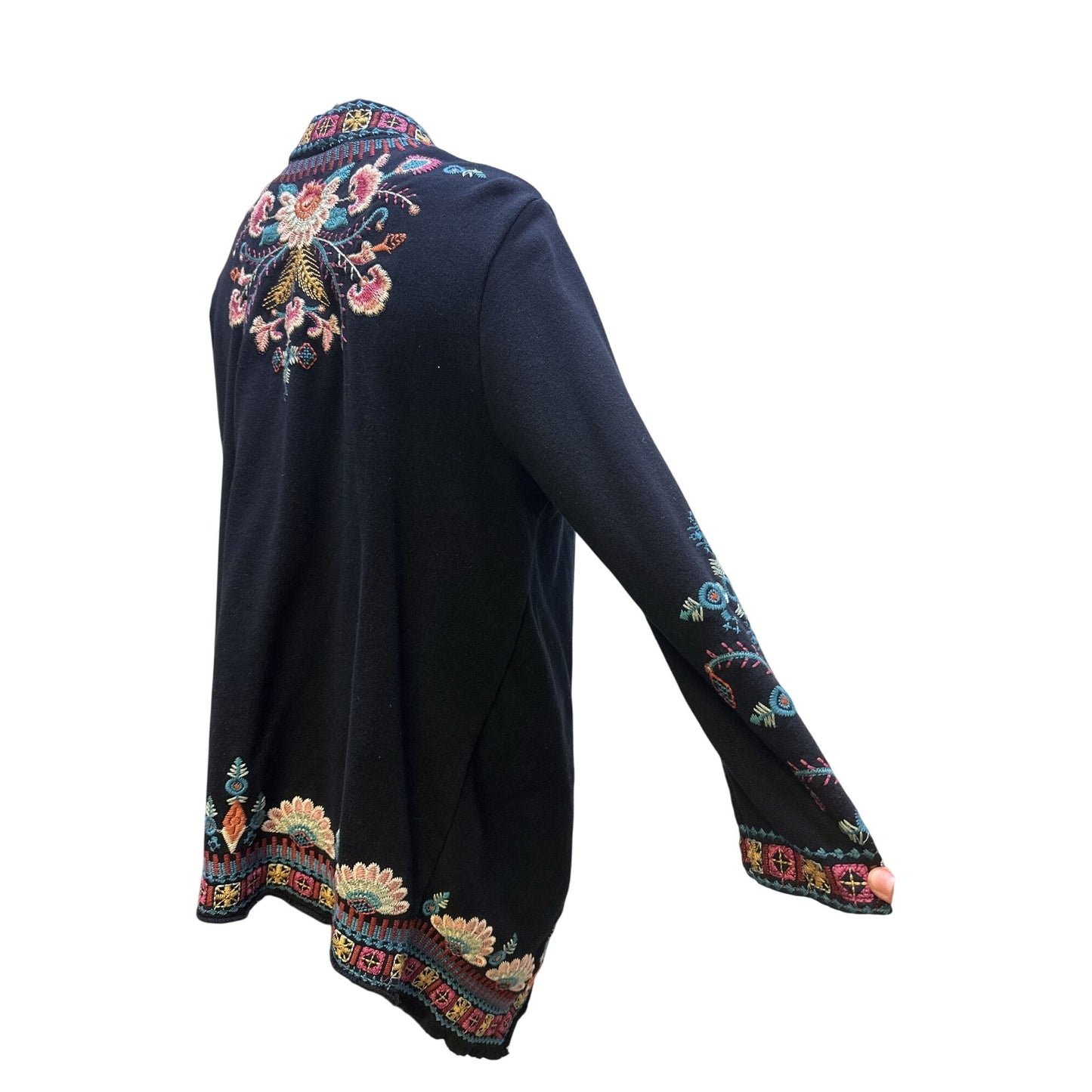 Johnny Was Vintage-Style Black Open Cardigan w/Multicolor Floral Embroidery
