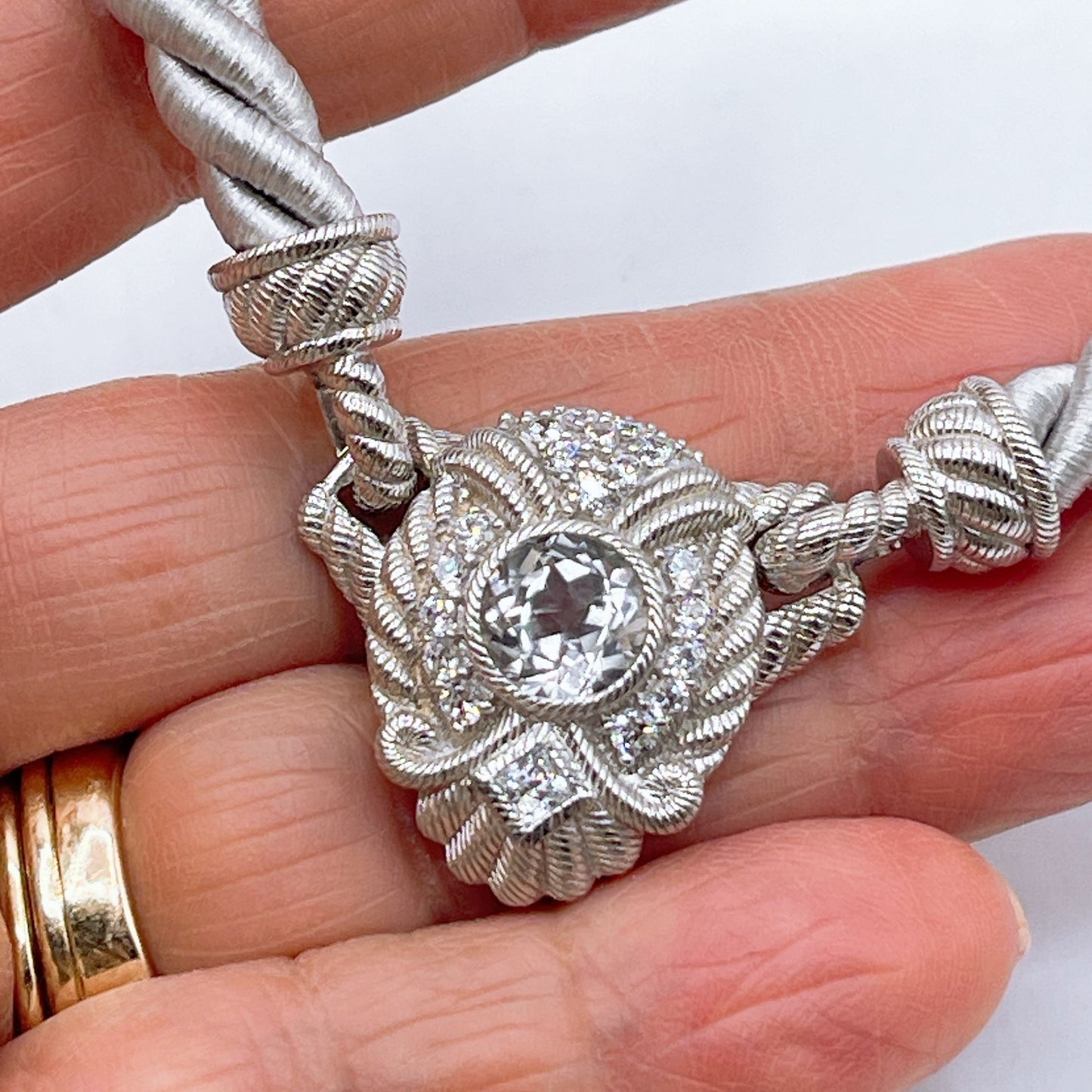 Judith Ripka 925 Sterling Silver Twisted Rope Necklace W/Convertible Cubic Zirconia Pendant