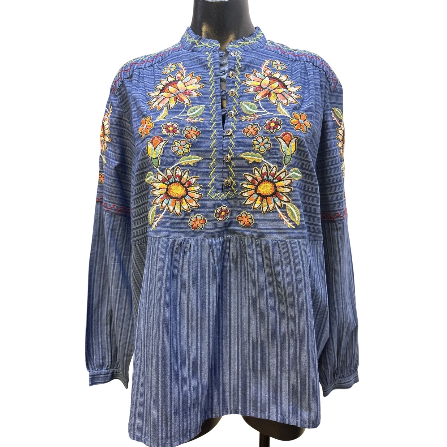 Double D Ranch  Boho Floral Embroidered Blue Striped Long Sleeve Blouse Size M