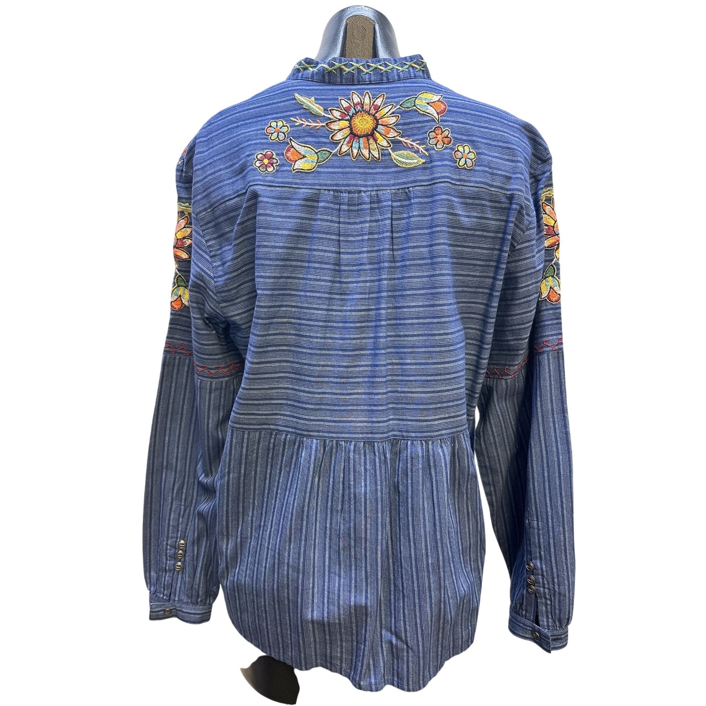 Double D Ranch  Boho Floral Embroidered Blue Striped Long Sleeve Blouse Size M