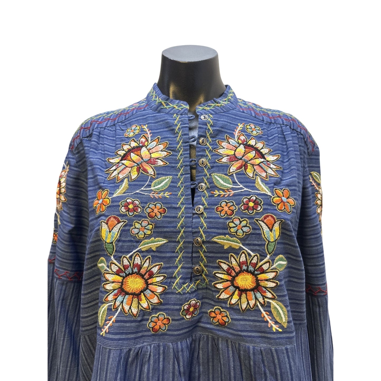 Double D Ranch  Boho Floral Embroidered Blue Striped Long Sleeve Blouse Size M