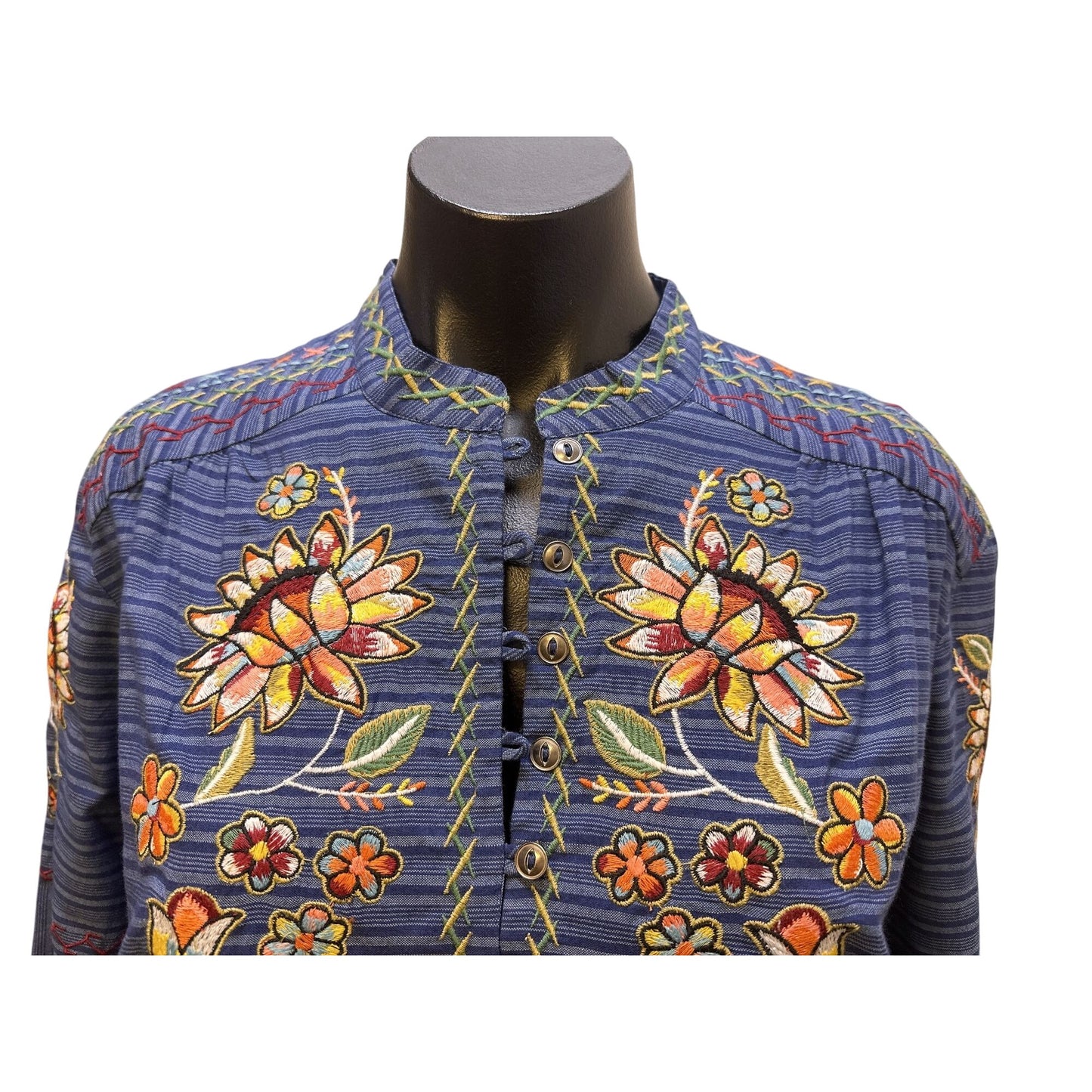 Double D Ranch  Boho Floral Embroidered Blue Striped Long Sleeve Blouse Size M