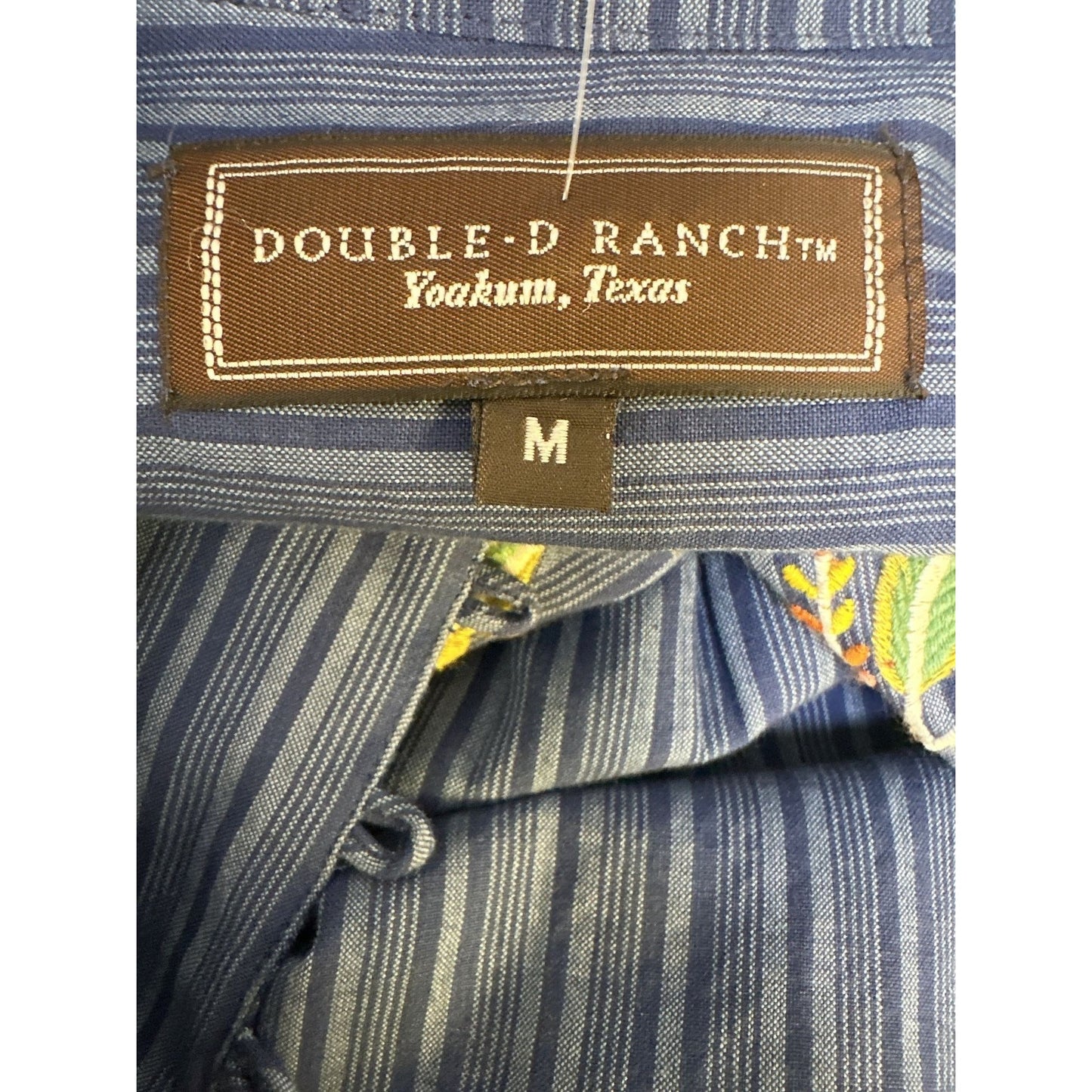 Double D Ranch  Boho Floral Embroidered Blue Striped Long Sleeve Blouse Size M