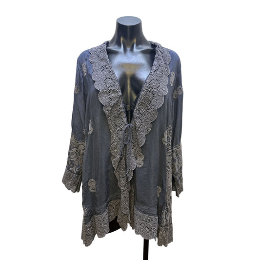 Johnny Was Gray Embroidered Long-Sleeve Open Front Cardigan Size M