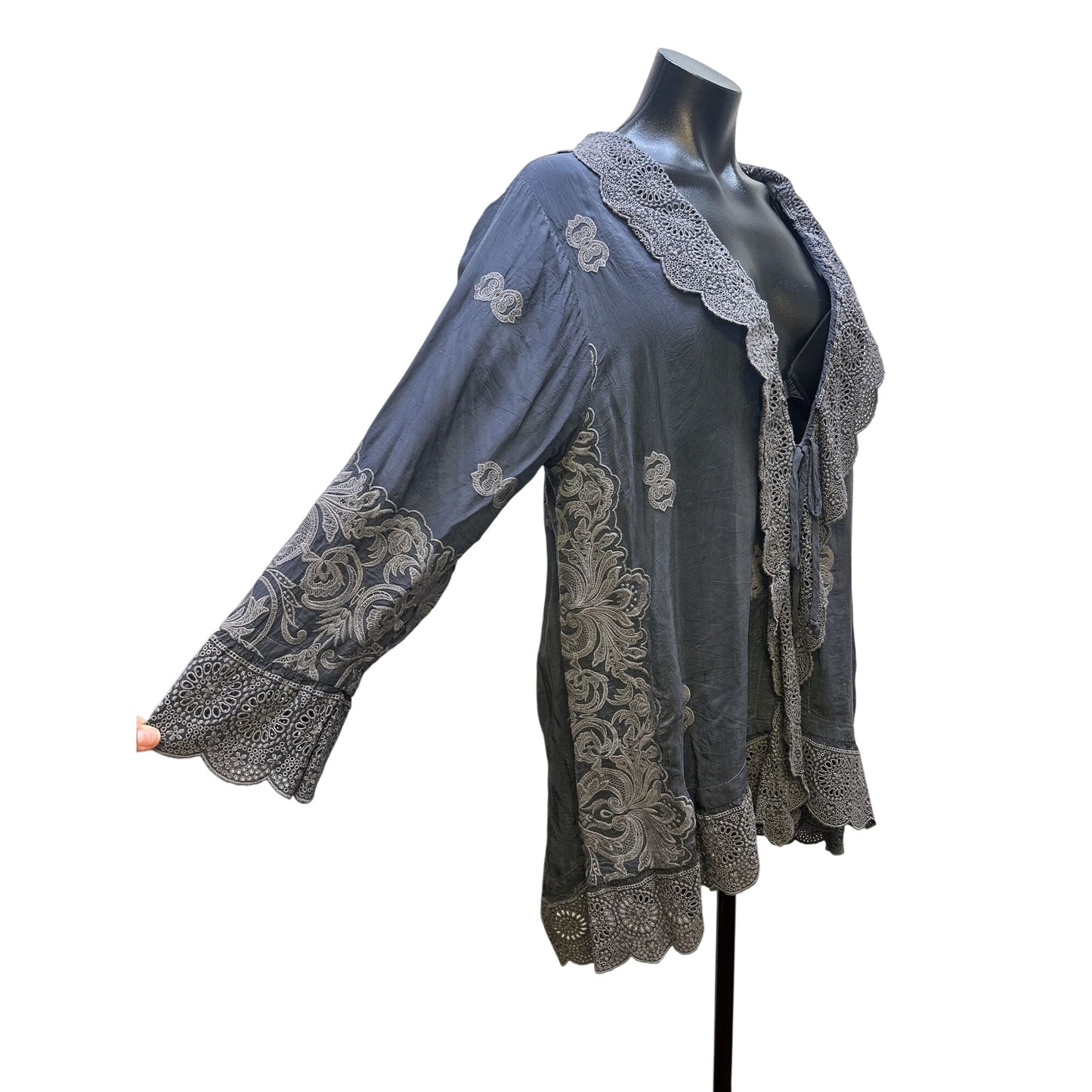 Johnny Was Gray Embroidered Long-Sleeve Open Front Cardigan Size M
