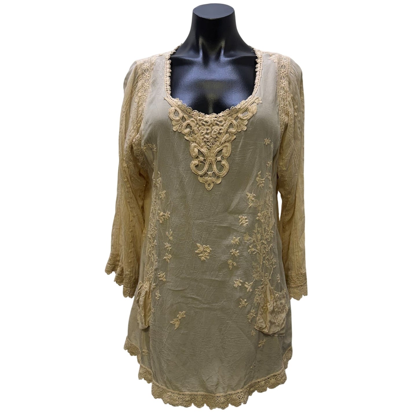 Johnny Was Nude Embroidered Lace Long Sleeve Tunic Blouse L