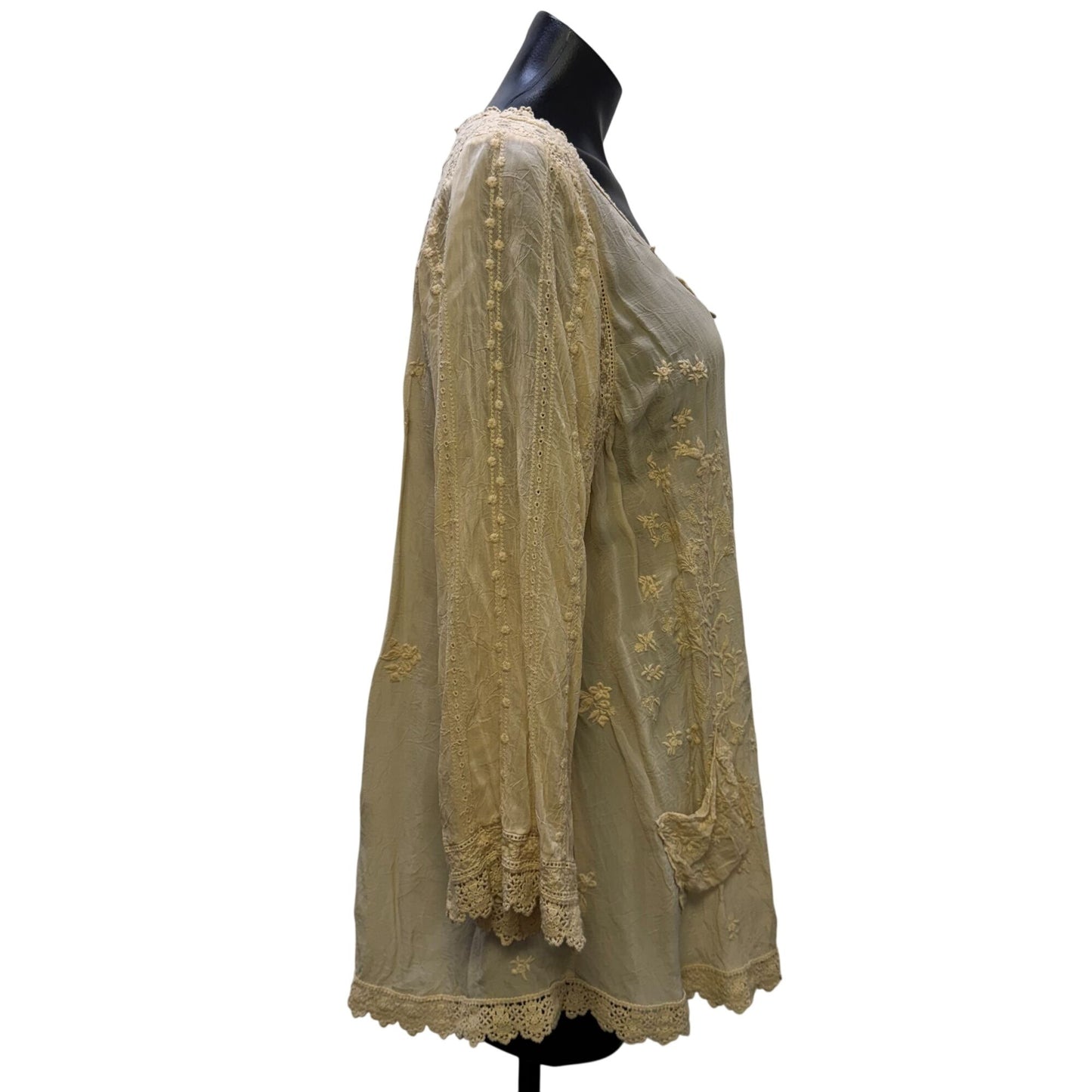 Johnny Was Nude Embroidered Lace Long Sleeve Tunic Blouse L
