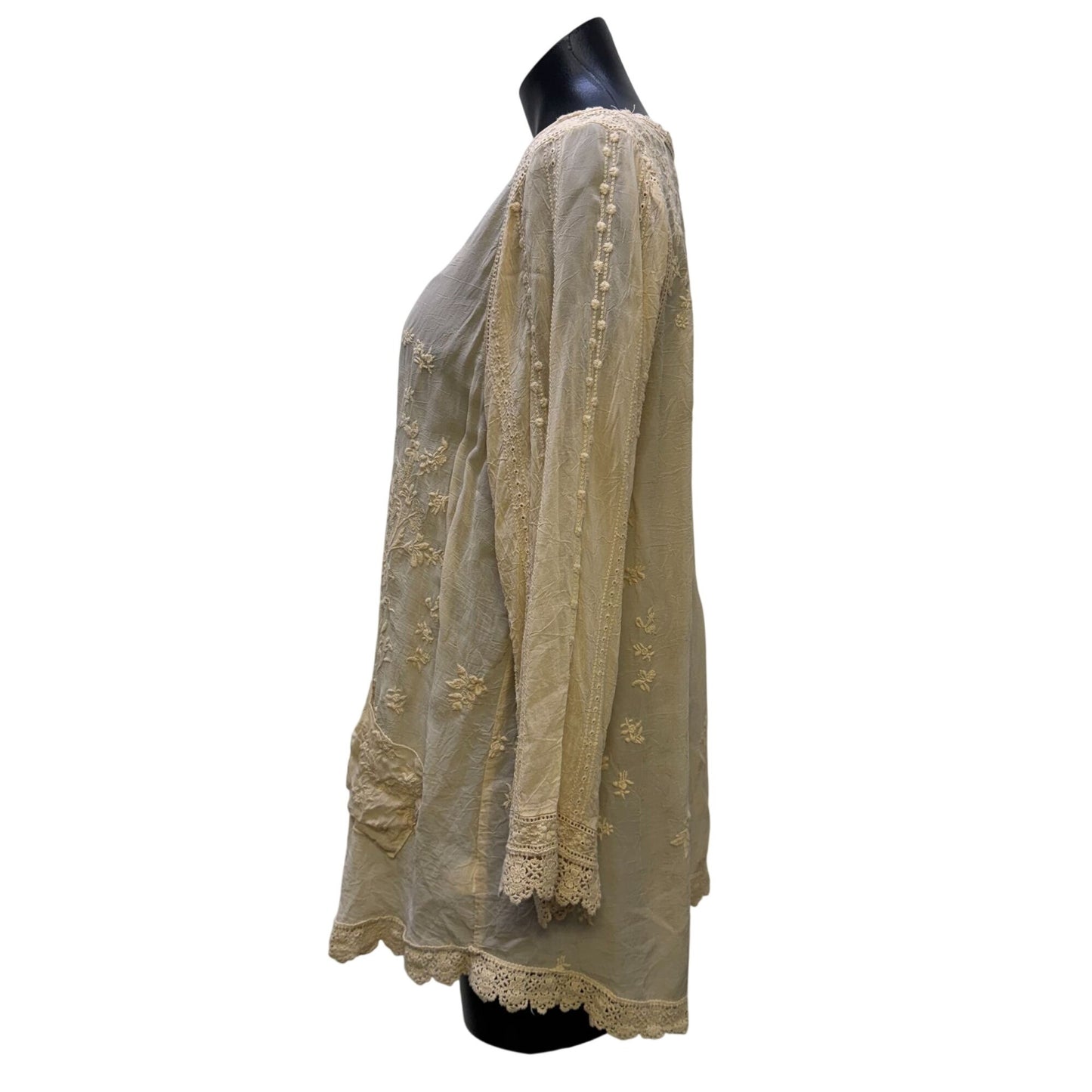 Johnny Was Nude Embroidered Lace Long Sleeve Tunic Blouse L