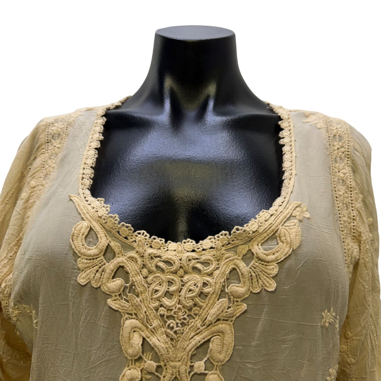 Johnny Was Nude Embroidered Lace Long Sleeve Tunic Blouse L