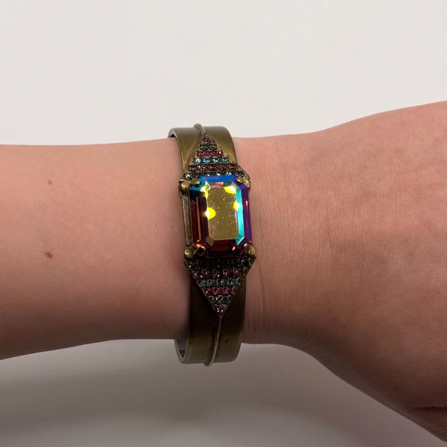 Sorrelli Glass Multi Rhinestone Cuff Bracelet In Antique Brass Finish