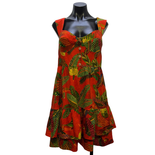 Farm Rio Linen Tropical Print Button-Front Red Green Midi Dress L