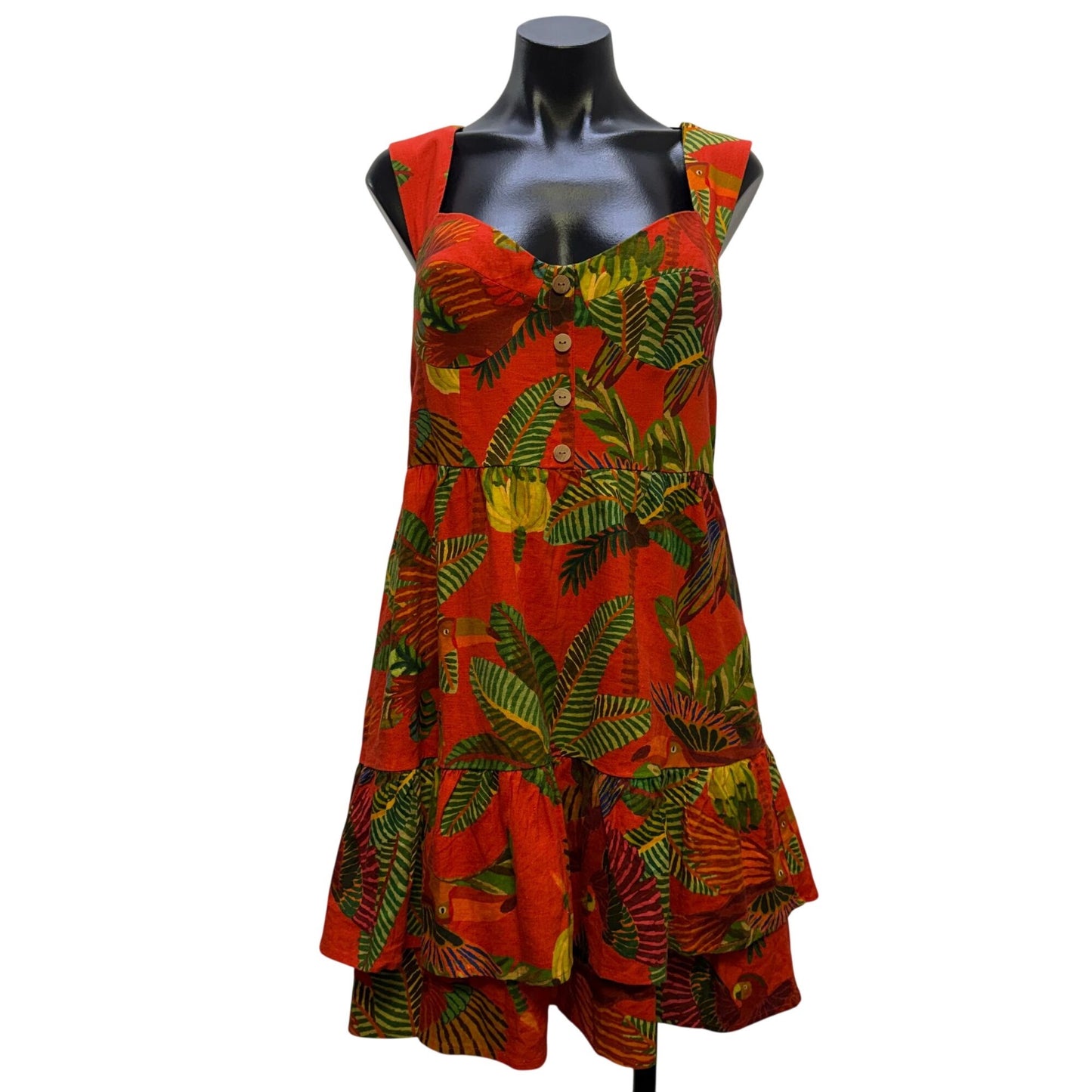 Farm Rio Linen Tropical Print Button-Front Red Green Midi Dress L