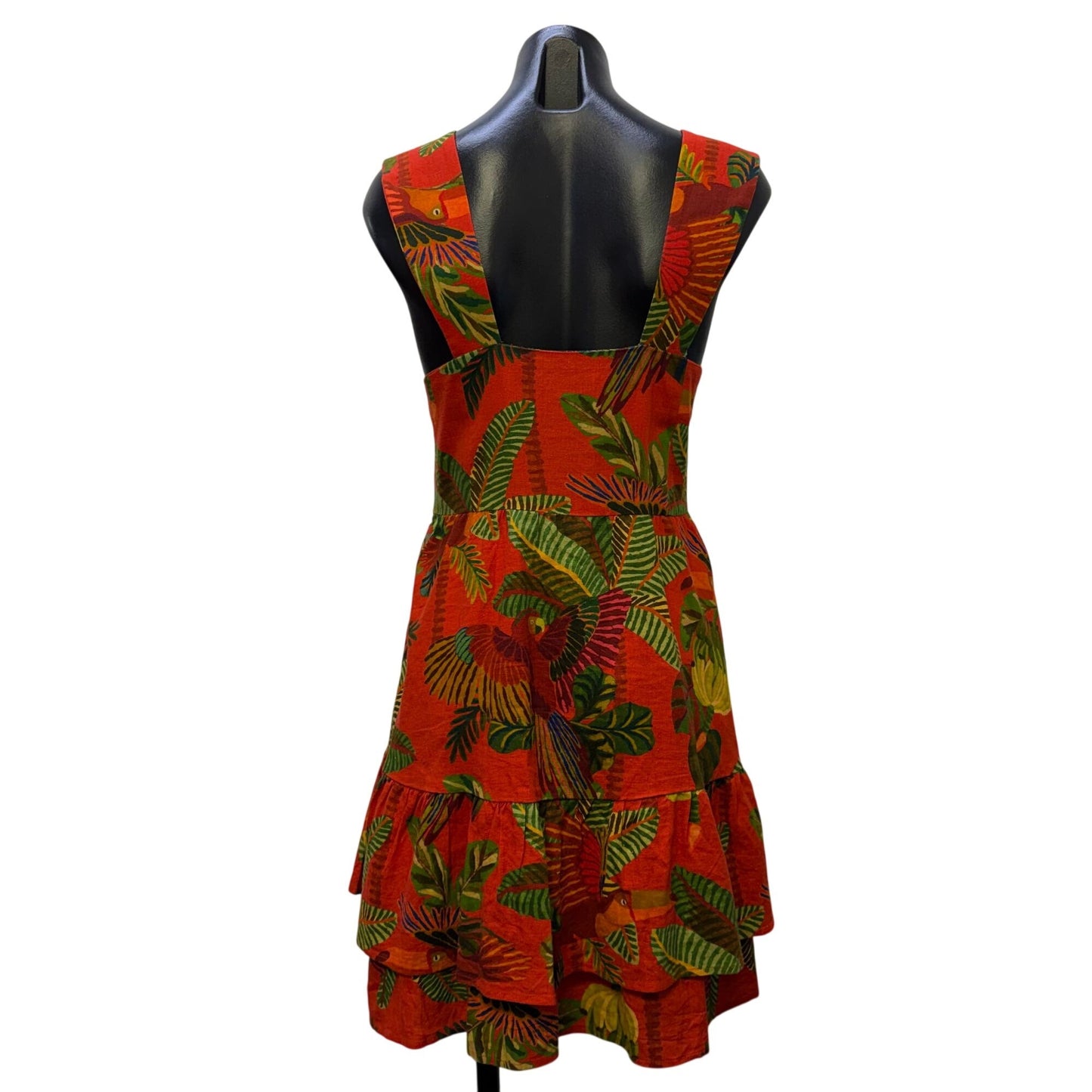 Farm Rio Linen Tropical Print Button-Front Red Green Midi Dress L