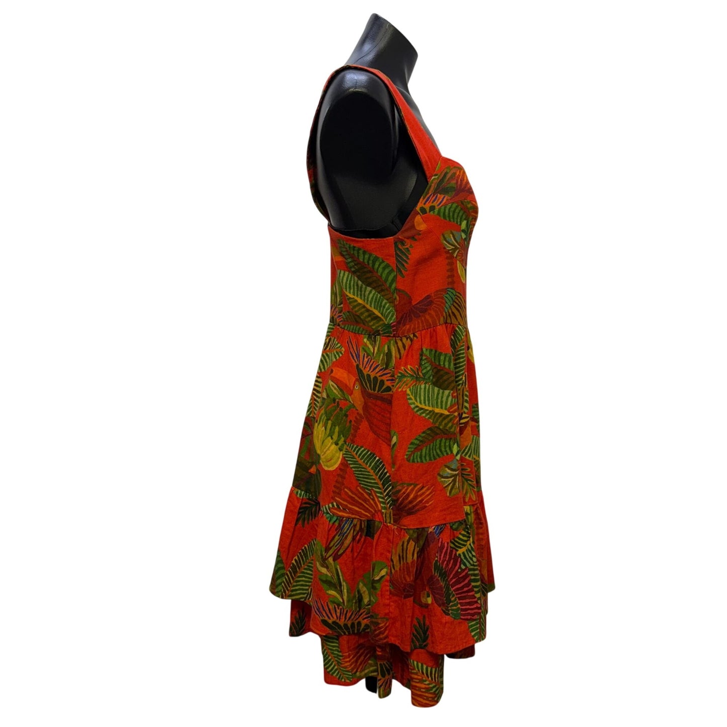Farm Rio Linen Tropical Print Button-Front Red Green Midi Dress L