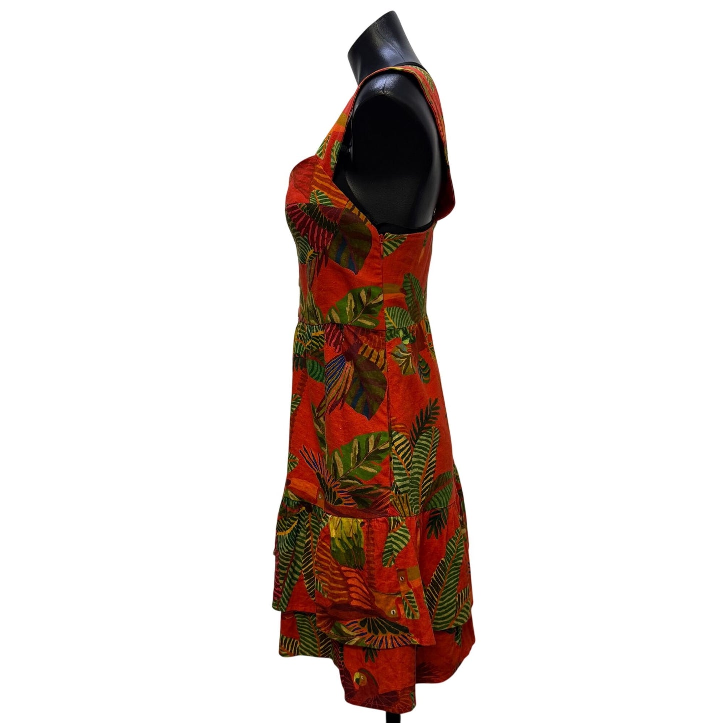 Farm Rio Linen Tropical Print Button-Front Red Green Midi Dress L