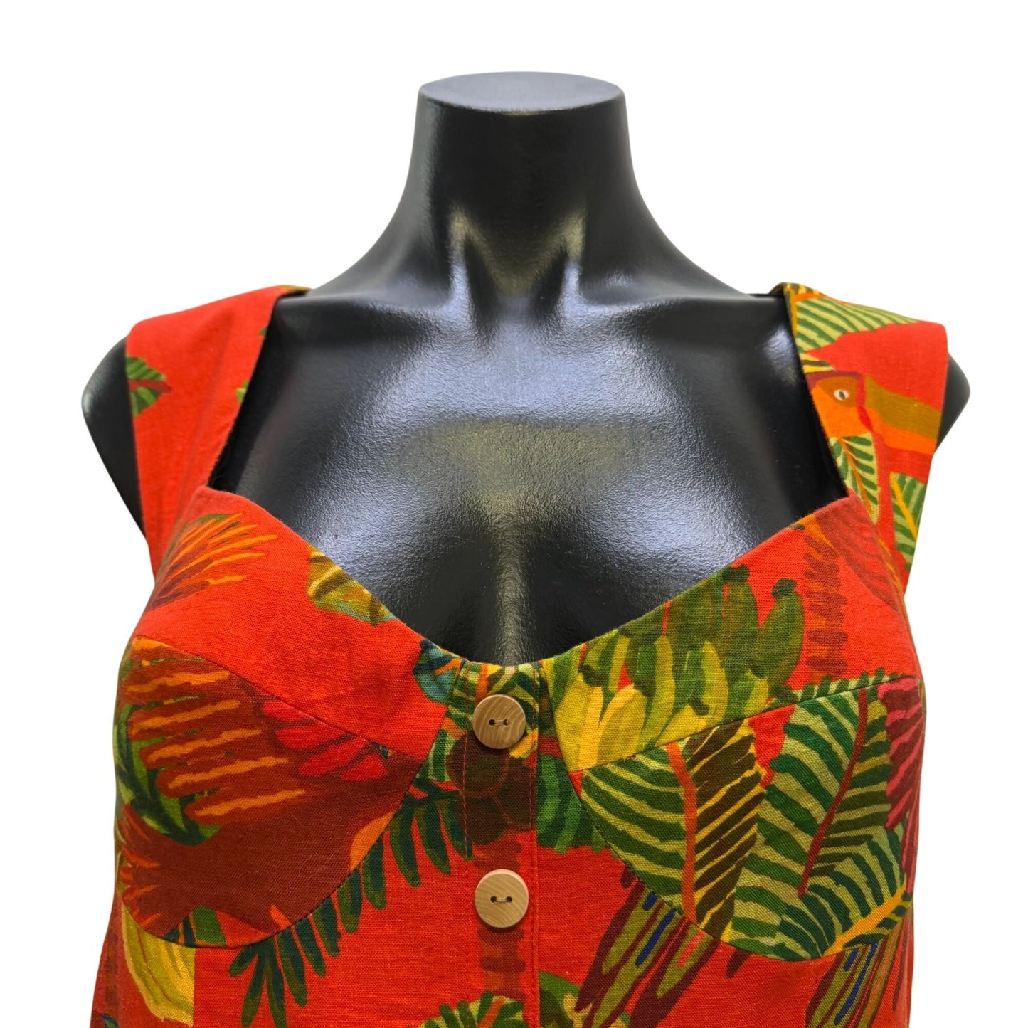 Farm Rio Linen Tropical Print Button-Front Red Green Midi Dress L