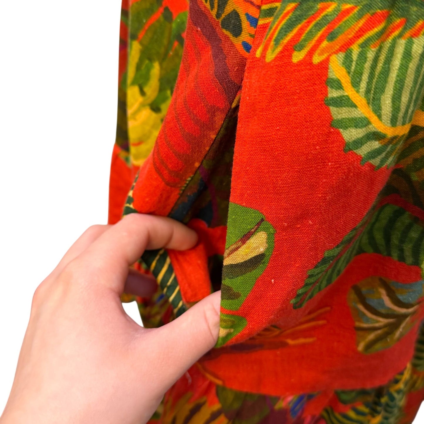Farm Rio Linen Tropical Print Button-Front Red Green Midi Dress L