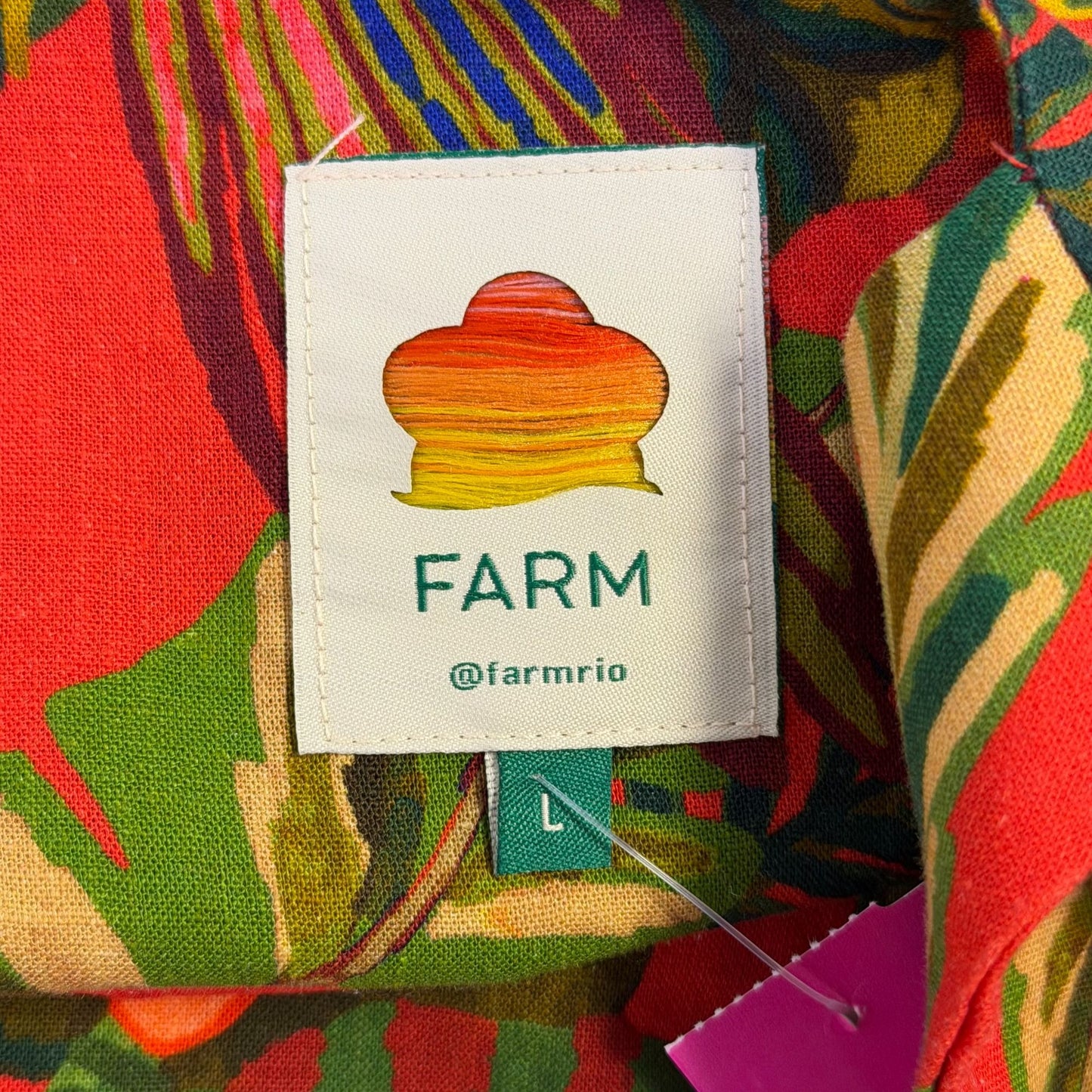 Farm Rio Linen Tropical Print Button-Front Red Green Midi Dress L