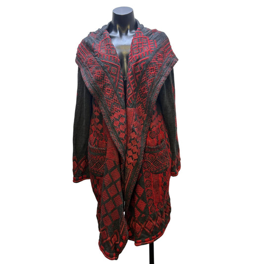 Johnny Was Urban Artisan Biya Hooded Cardigan Geometric Red & Grey Knit Sweater XL