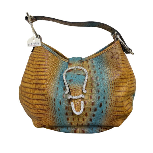 Raviani Tan & Turquoise Croc-Embossed Leather Handbag