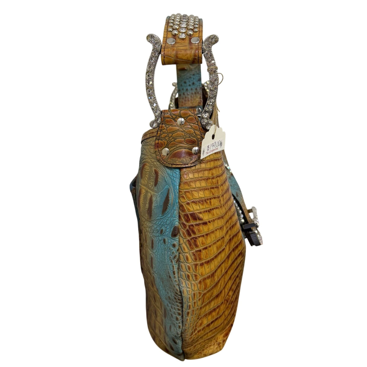 Raviani Tan & Turquoise Croc-Embossed Leather Handbag