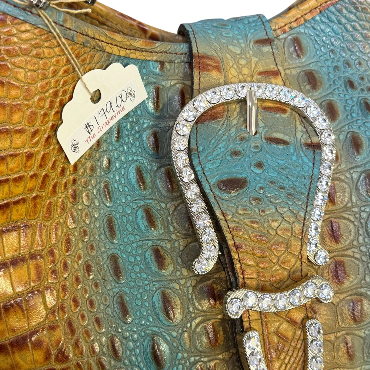 Raviani Tan & Turquoise Croc-Embossed Leather Handbag