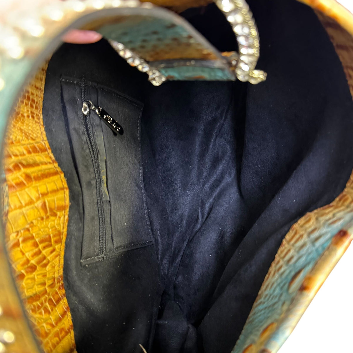 Raviani Tan & Turquoise Croc-Embossed Leather Handbag