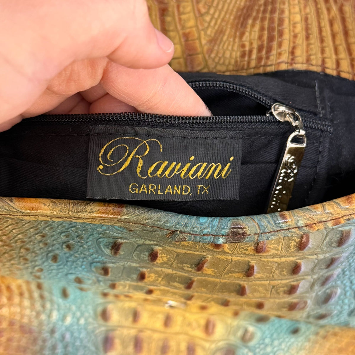 Raviani Tan & Turquoise Croc-Embossed Leather Handbag