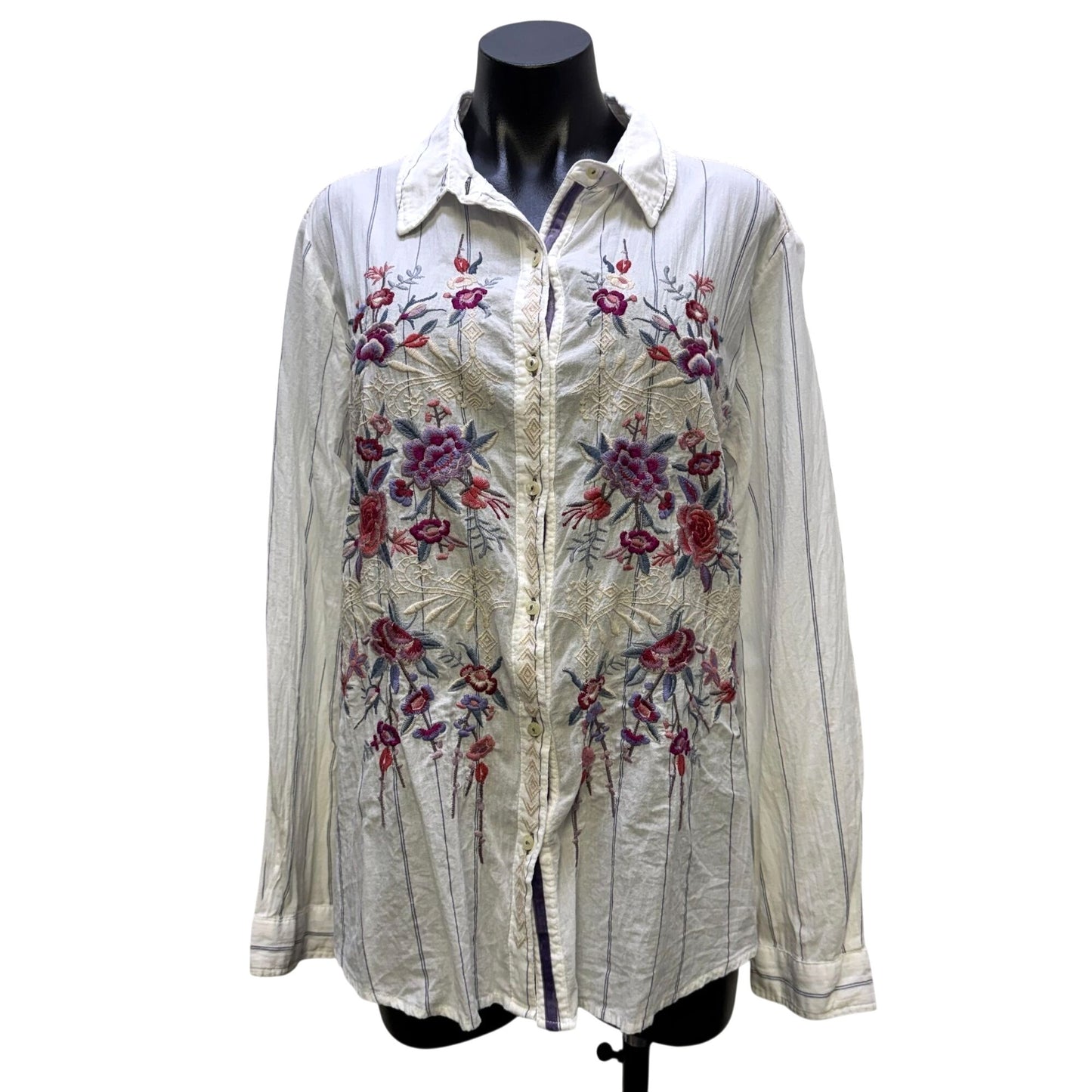 Johnny Was Embroidered White Long-Sleeve Button-Up Blouse L