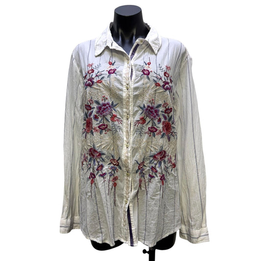 Johnny Was Embroidered White Long-Sleeve Button-Up Blouse L