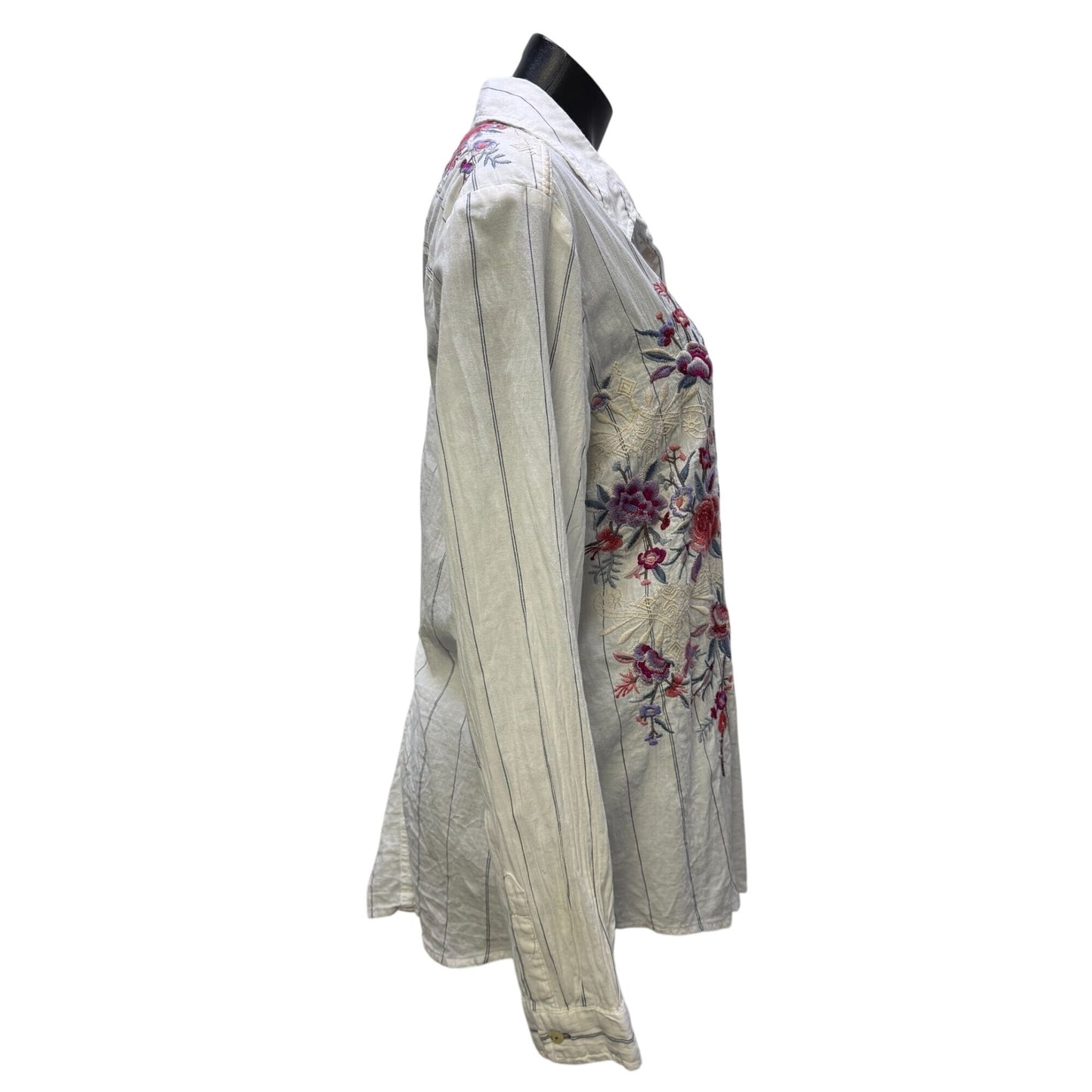 Johnny Was Embroidered White Long-Sleeve Button-Up Blouse L