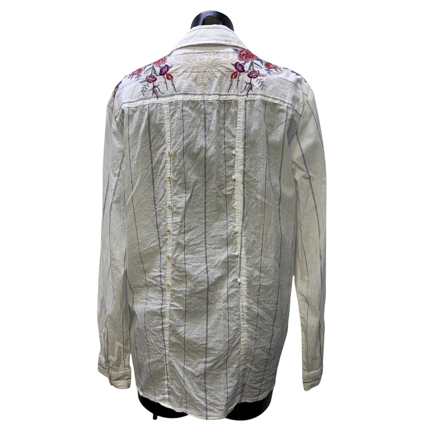 Johnny Was Embroidered White Long-Sleeve Button-Up Blouse L