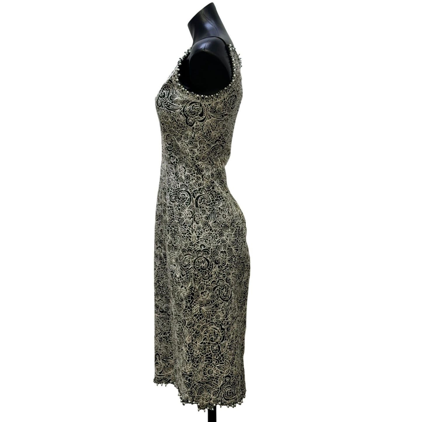 Badgley Mischka Embellished Black & White Silk Dress Sz 6