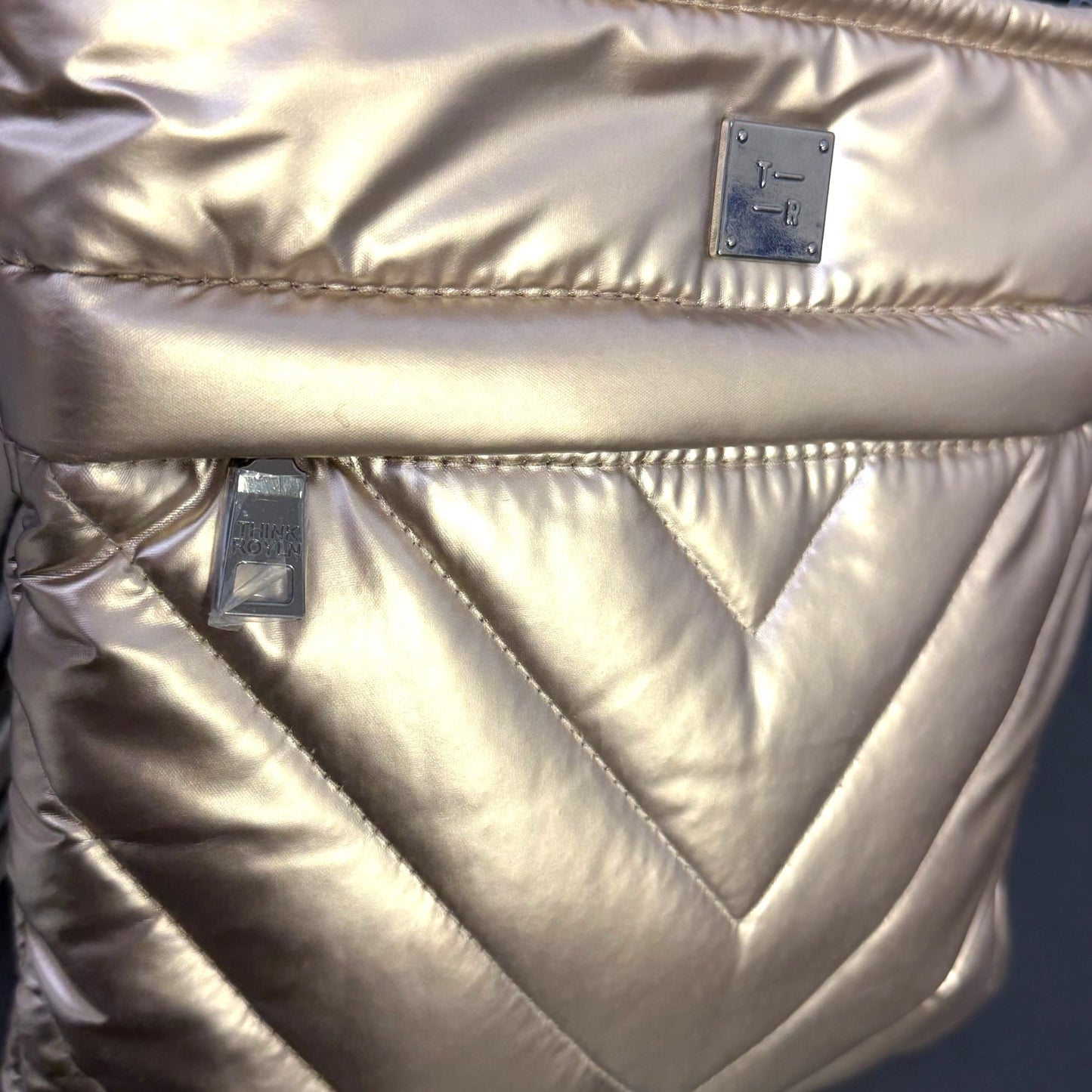 Think Rolyn Quilted Gold Metallic Crossbody Bag With Adjustable Strap
