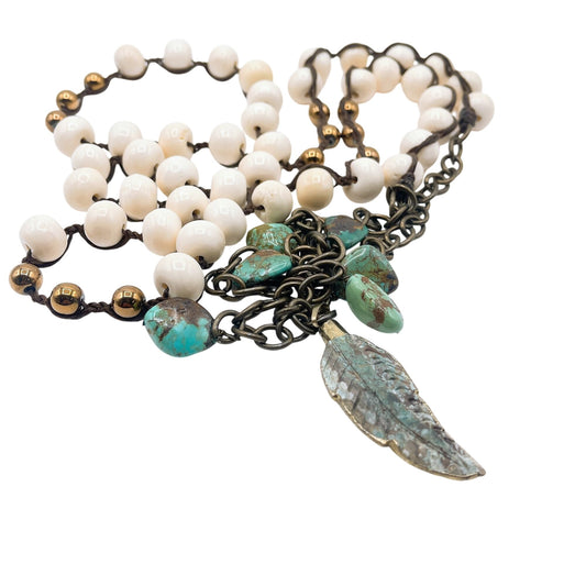 Handcrafted Turquoise & White Beaded Necklace With Feather Pendant Antique Bronze Chain Adjustable Length