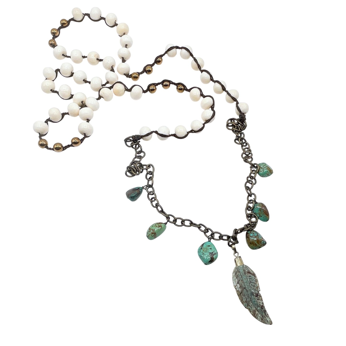 Handcrafted Turquoise & White Beaded Necklace With Feather Pendant Antique Bronze Chain Adjustable Length