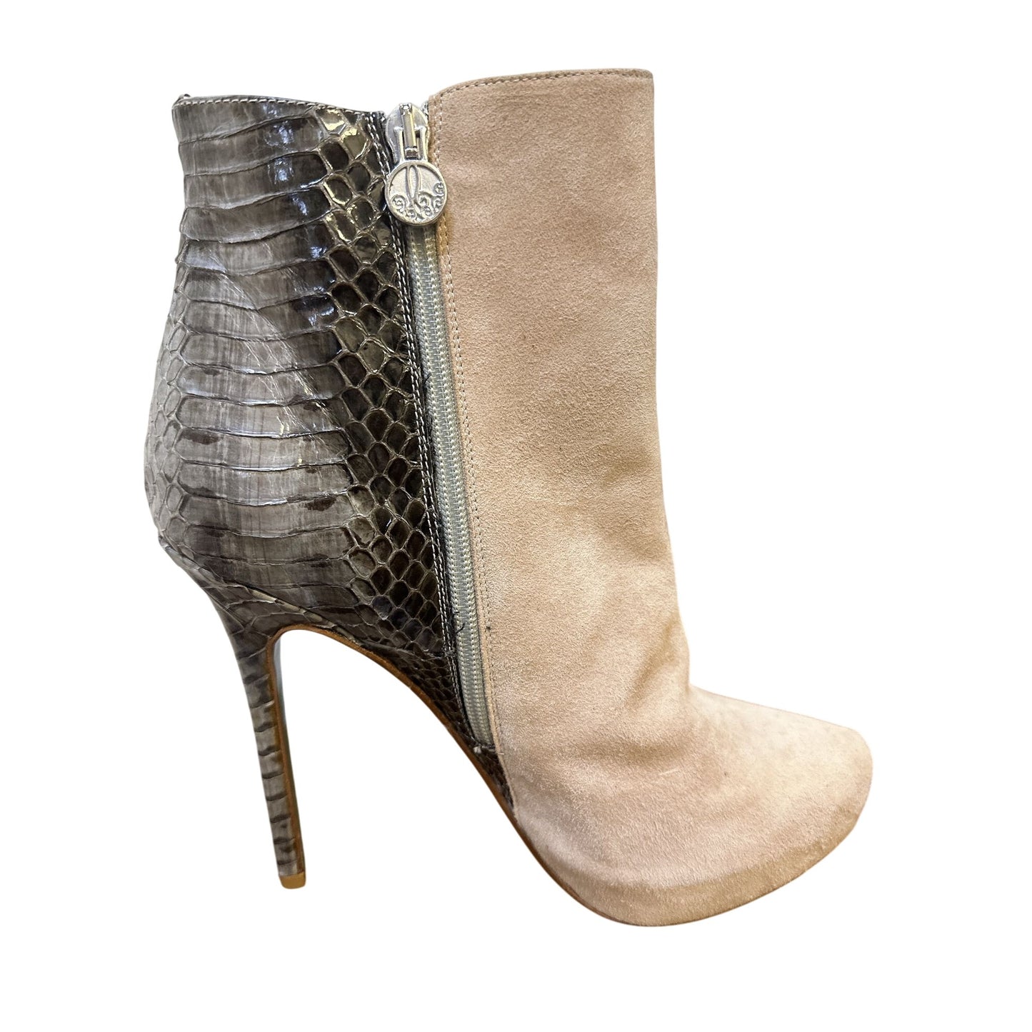 Donald J. Pliner Beige Suede & Faux Snakeskin High Heel Ankle Boots w/Side Zipper & Stud Details Size 9