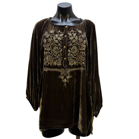 Johnny Was Brown Embroidered Velvet Blouse With Floral Details M
